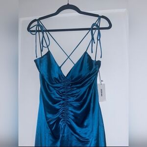 Jasin Wu Teal Satin Ruched Slip Dress with Tie Straps